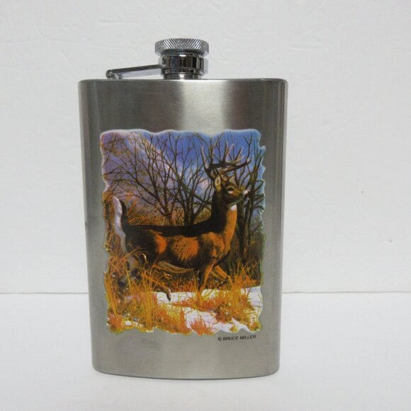 Flask Buck Deer Hunter Outdoors Hunting 9 oz. Stainless Steel Whisky - Picture 1 of 5